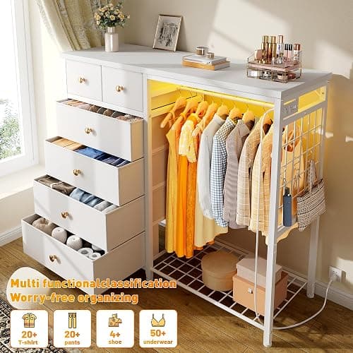 EnHomee 49.2" W Dresser with Hanging Rack & 6 Drawers, Grid Panel & 4 Hooks | Featuring LED Lights and Charging Station, Wooden Top Organize Unit for Bedroom, Chest of Drawers with Steel Frame, White thumbnail 3