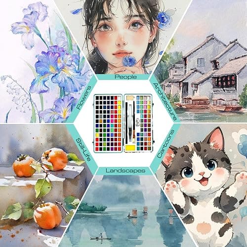 Watercolour Paint Travel Sets with Palette - 128 Art Supplies Water Color Painting Professional Kit for Kids Adults Artists - Portable Metallic Watercolours Mini Box with Major Brushes Watercolor Pens thumbnail 6