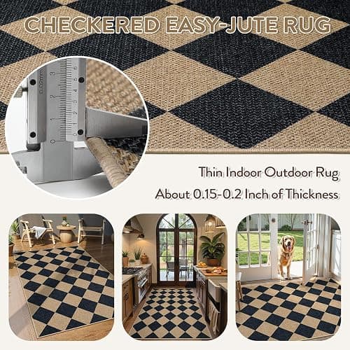 Lahome Colette Checkered Easy Jute 3x5 Outdoor Patio Rug, Washable Rugs for Entryway Diamond Indoor Outdoor Living Room Carpet, Farmhouse Neutral Non Slip Black Door Carpet for Backyard Bedroom thumbnail 6