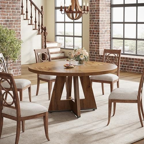 Tribesigns Farmhouse Dining Table, 47 Inch Round Dinner Table for 4, Rustic Round Dining Room Table for Home Dining Room Living Room (Wood) thumbnail 7