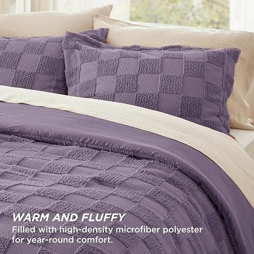 Bedsure Queen Size Comforter Set Grayish Purple, Boho Tufted Bed Set, Checkered Farmhouse-Style Distressed Vintage Bedding, 3 Pieces, 1 Plaid Geometric Comforter and 2 Pillow Shams thumbnail 2