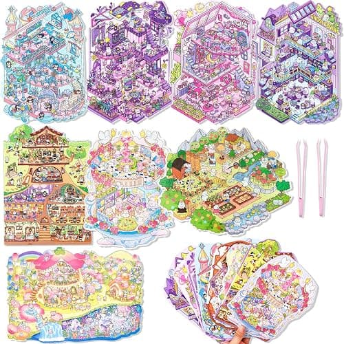 Aifong 8 Pcs Big Size DIY 3D Sticker Scene 8.3 x 11.8 Inch Sticker Therapy Cute Cartoon Stickers Scene Make Your Own Scenes Miniature Room for Relief Stress - Image 1