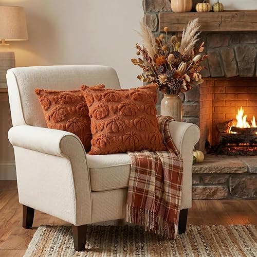 AVOIN colorlife Fall Pumpkin Heart Caramel Throw Pillow Covers, 18 x 18 Inch Autumn Thanksgiving Harvest Soft Plush Faux Fur Jacquard Cushion Case Decoration for Sofa Set of 2 thumbnail 4