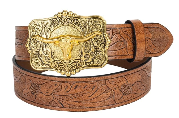 Mawjom Western Cowboy PU Leather Belt - Men Waist Strap Bull Decoration Floral Engraved for Jeans 25" to 38" Waist thumbnail 6