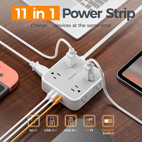 TESSAN Surge Protector Power Strip with 900J Surge Protection, 10 Ft, Grey | 8 AC 3 USB Ports (1 USB C 20W PD), Flat Plug Extension Cord with Multiple Outlets , 3 Sided Outlet Extender for Dorm Room thumbnail 2
