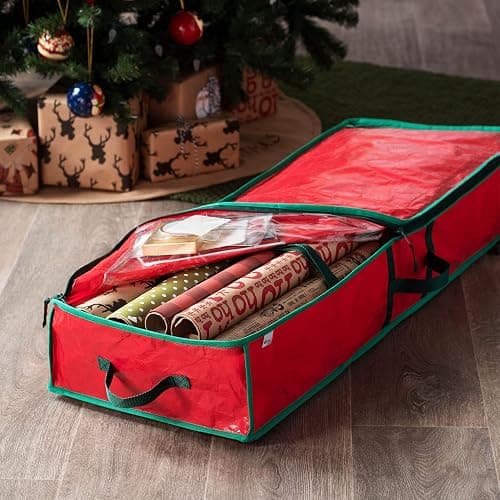 ZOBER Gift Wrapping Paper Organizer Storage - 40" Gift Wrap Storage Containers With Interior Pockets For Bows, Tags & Ribbons - Wrapping Paper Holder, Waterproof, Fits 24 Standard Rolls, Red thumbnail 2
