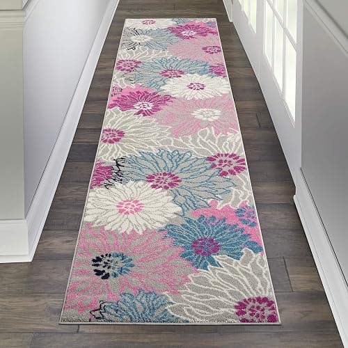 Nourison Passion Grey 2'2" x 10' Area Rug, Floral, Farmhouse, Easy Cleaning, Non Shedding, Bed Room, Living Room, Dining Room, Kitchen, (10' Runner) - Image 1