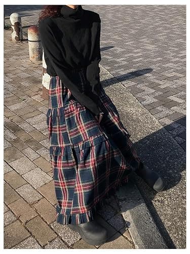 SOLY HUX Women's Plaid Maxi Skirt Elastic High Wasited Tiered Ruffle A Line Flowy Long Skirts thumbnail 4
