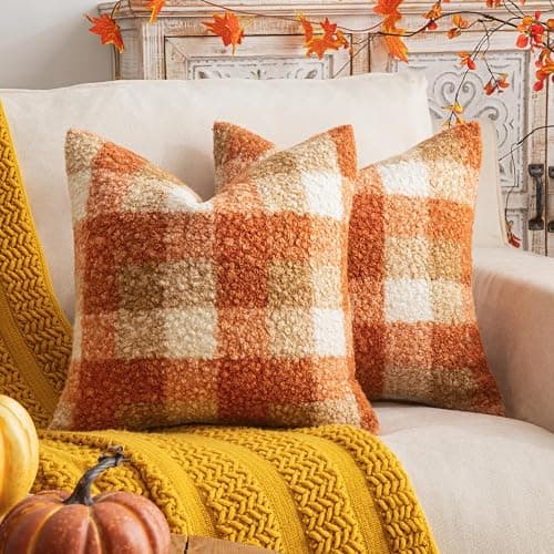 AQOTHES Plaid Fall Throw Pillow Covers Orange 18x18 Inch Set of 2 | Boucle Decorative Pillow Covers, Autumn Cozy Fluffy Home Farmhouse Decor, for Living Room Sofa Couch Bed, Holiday Decorations - Image 1