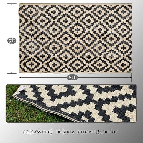 SAND MINE Waterproof Outdoor Rug 5x8 ft, Plastic Reversible Rug, Modern Area Rug, Large Floor Mat for Outdoors, RV, Patio, Backyard, Deck, Picnic, Beach, Camping, Black & Beige thumbnail 2