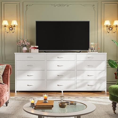 Romorgniz 55" Long Dresser for Bedroom with 12 Fabric Drawers, Entertainment Center for 60 inch TV Dressers & Chests of Drawers Large Organizer, Living Room, Metal Frame, Wood Top, White thumbnail 2