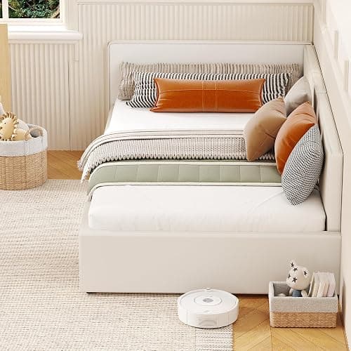 GarveeHome Twin Daybed with Bed Rails, Velvet Upholstered Corner Bed Frame with Headboard, Modern Kids Bed with Guardrail for Living Room, Bedroom, Easy Assembly, Beige thumbnail 2