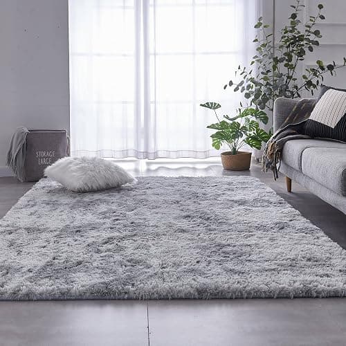 TABAYON Shag Area Rug, 5x7 Ft Tie-Dyed Light Grey Upgrade Anti-Skid Durable Rectangular Cozy High Pile Soft Throw Rug for Nursery/Living Room thumbnail 3