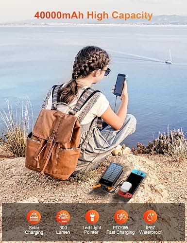 SOXONO Solar Charger Power Bank, PD 20W Fast Charging External Batter, 40000mAh Portable Phone Charger Built in 4 Cables with Dual Bright Flashlights for Camping, Hiking, and Outdoor Use thumbnail 3