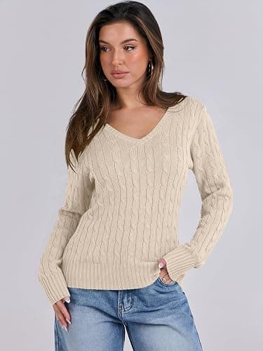 ANRABESS Womens Long Sleeve Cable Knit Sweater 2025 Fall Fashion V Neck Fitted Pullover Top Business Casual Work Fall Outfits thumbnail 2
