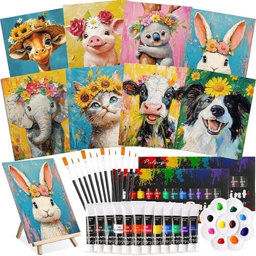 Cholemy 36 Pcs Paint and Sip Kit for Adults 8''x10'' Pre Drawn Canvas for Painting DIY Afro Acrylic Painting Kit Wood Easel Brushes Date Night Bulk for Christmas Party Gifts(Flower Animals) - Image 1