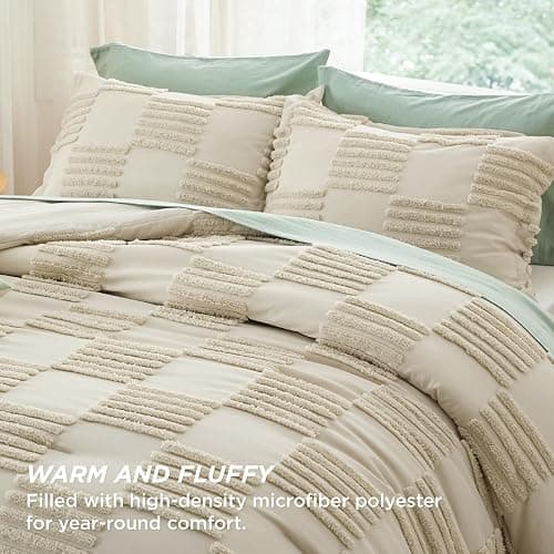 Bedsure King Size Comforter Set Linen, Boho Tufted Bed Set, Grande Checkered Farmhouse Shabby Chic Bedding, 3 Pieces, 1 Plaid Geometric Comforter and 2 Pillow Shams thumbnail 3