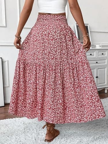 TuoGo Women's Smocked High Waist Maxi Skirt Casual Boho Long Skirts with Pockets thumbnail 2
