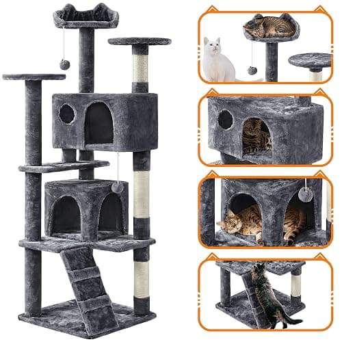 Yaheetech 62in Cat Tree Cat Tower for Indoor Kitty, Pet Furniture w/Double Condo, Scratching Posts, Multiple Platforms and Balls for Kittens, Dark Gray thumbnail 9