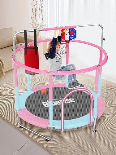 BLUERISE 55IN 6FT Toddler Trampoline for Kids Indoor Outdoor Play for Kids Trampoline Basketball Hoop Attachment with Enclosure Net Easy to Assemble thumbnail 9