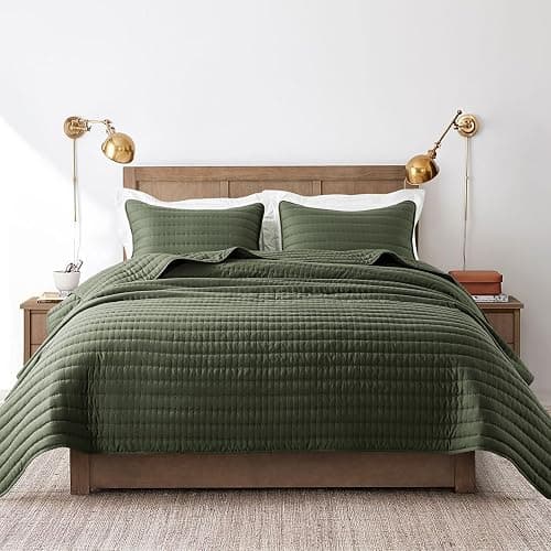 ROARINGWILD Olive Green King Size Quilt Set, Striped Pick Stitch Lightweight Bedspread, Soft Channel Farmhouse Rustic Coverlet, Spring Summer Thin Comforter, Country Bedding, 104x90 inches thumbnail 2