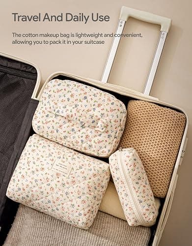 HBselect Quilted Makeup Bag, 3Pcs Cotton Large Travel Makeup Bags Organizer | Cute Floral Make up Bag Cosmetic Bag Toiletry Bag for Women Girls, Makeup Pouch for Skincare, Brushes & Travel Essentials thumbnail 4