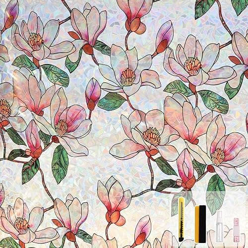 Kromapolis Window Privacy Film, Stained Glass Sticker, 23.6" x 78.7" | Removable Floral Window Clings, Decorative Static Clings, UV Blocking Colorful Decals, Rainbow Magnolia Flowers - Image 1