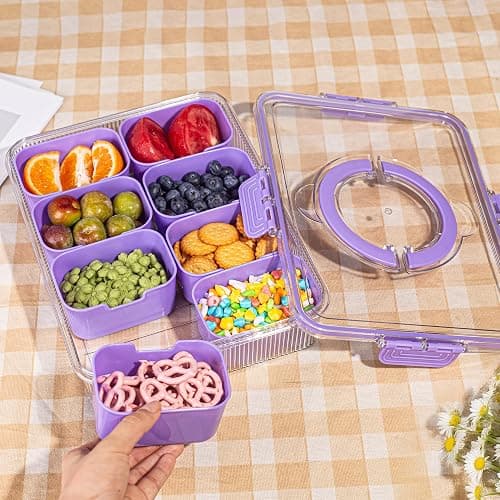 FEIOOD Patent Design Ribbed Snackle Box Container Divided Serving Tray with Lid and Handle -Charcuterie Container Portable Storage Organizer for Candy, Fruit, Beach, Picnics（1 pcs, Purple thumbnail 6