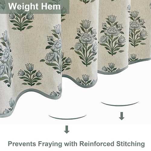 PROCIDA Green Scalloped Shower Curtain- Blue Block Print Floral, 72x72 Inch Linen Blend Bathroom Curtain with 12 Metal Hooks, Botanical Flower Bath Curtain for Country Bathrooms. thumbnail 7