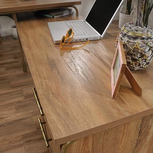 Sauder Coral Cape Corner Desk, Spacious Desktop and File Drawer, L Shaped Office Desk - Sindoori Mango Finish thumbnail 5