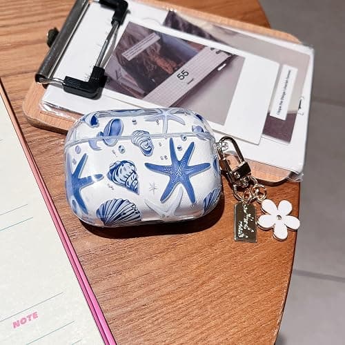MINSCOSE Compatible with AirPods Pro 2nd/1st Generation,Cute Beautiful Seashell and Starfish Pattern Design with Keychain, Soft TPU Protective Shockproof Cover for AirPods Pro/Pro 2-Blue thumbnail 7