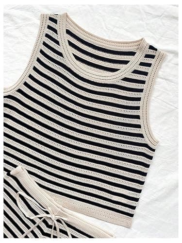 MakeMeChic Women's Two Piece Outfit Striped Crew Neck Tank Crop Top and Drawstring Knit Shorts Set thumbnail 4