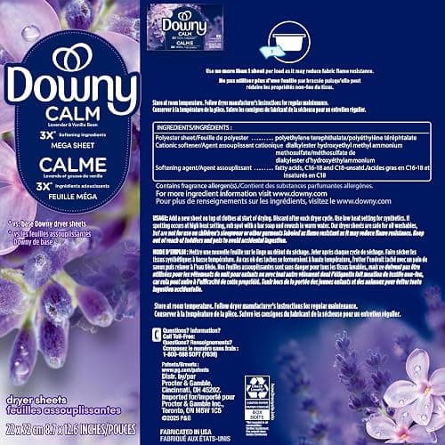Downy Calm Mega Dryer Sheets, Large Fabric Softener Sheets for Laundry , Static Guard & Softness Boost, Laundry Dryer and Fabric Sheets, 180 Count thumbnail 12
