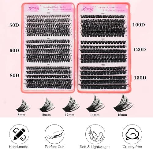 Bransfy Lash Clusters Kit 50D 60D 80D 100D 120D 150D Eyelashes Clusters Kit 8-16mm Individual Lash Extension Kit D Curl Fluffy False Eyelashes with Tweezer Bond and Seal DIY at Home (Kit 50D-150D) thumbnail 3