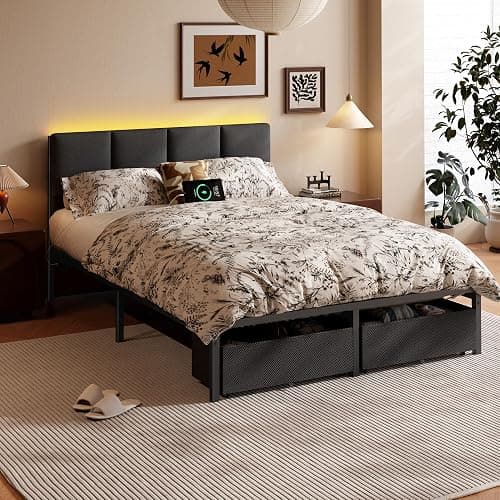 Furnulem Full Size Bed Frame with Headboard, Upholstered Full Bed Frame with LED Light, USB Charging Station, Platform Bedframe with 2 Fabric Underbed Storage Drawers, No Spring Box Needed thumbnail 6