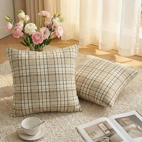 AVOIN colorlife Spring Summer Khaki White Plaid Decorative Throw Pillow Covers, 18 x 18 Inch Holiday Scottish Tartan Cushion Case Farmhouse Decoration for Sofa Couch Set of 2 thumbnail 6