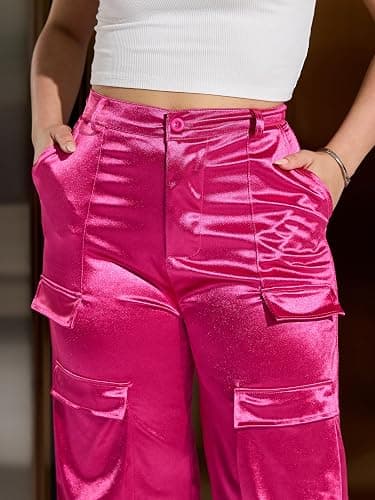 XNMHL Womens High Waisted Satin Cargo Pants Loose Fit Wide Leg Trousers with Pockets Trendy Outfit thumbnail 7