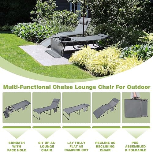 BlueWish Tanning Chair with Face Hole, Tanning Chairs for Outside with Mat&Face Arm Hole, Sunbath Lounge Chair for Beach, Backyard, Pool, Lawn, Grey thumbnail 5