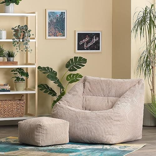 Icon Natalia Sitzsack Sessel mit Hocker für Erwachsene, Beige, Flauschiger Cord Stoff, Riesen Sitzsack Cord mit Füllung, Bean Bag Chair, Bequemer Sessel Wohnzimmer, Lounge, Schlafzimmer, Büro - Beige - Sitzsack + Hocker thumbnail 4