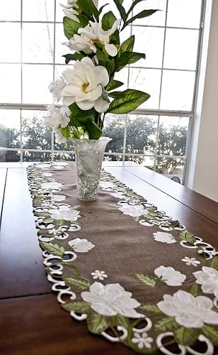 Beautiful White Magnolia Floral Design and Green Leaves Embroidered Cutwork Edges on Brown Polyester Linen, Table Runner, Dresser Scarf (14Wx51.5L) thumbnail 8