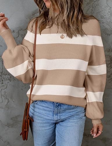 ZESICA Women's 2025 Fall Fashion Turtleneck Long Sleeve Striped Ribbed Knit Loose Pullover Sweater Tops thumbnail 2