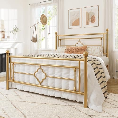 Allewie Full Size Metal Platform Bed Frame, Victorian Headboard, Gold | Heavy Duty Metal Slats Support, Mattress Foundation, Under Bed Storage, No Box Spring Needed, Noise-Free, Easy Assembly thumbnail 3