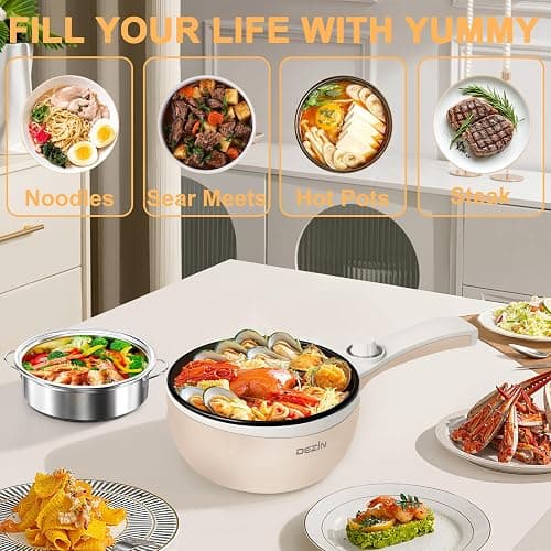 Dezin Hot Pot Electric with Steamer Upgraded, Non-Stick Sauté Pan, Rapid Noodles Electric Pot, 1.5L Mini Pot for Steak, Egg, Fried Rice, Ramen, Oatmeal, Soup with Power Adjustment thumbnail 8