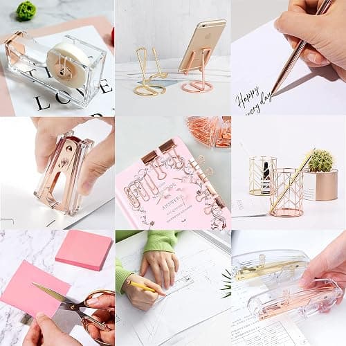 Rose Gold Office Supplies and Accessories, Acrylic Stapler, Staple Remover, Tape Holder, Ballpoint Pen, Scissor, Binder Clips, Staples, Phone Holder, Ruler, Transparent Glue and 300 Notes thumbnail 5