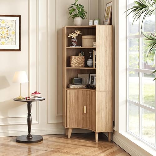 Vudanfe Tall Corner Cabinet with Fluted Doors, 5-Tier Coffee Bar Cabinet with Storage, Narrow Storage Cabinets with Adjustable Shelves, Bathroom Organizers and Storage for Small Space, Natural thumbnail 3