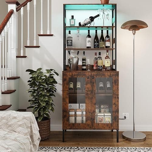 Amenitlif Kitchen Pantry Cabinet with LED Lights & Power Outlet, 66.9" H Kitchen Bakers Rack with Storage Shelves, Bar Cabinet with Glass Doors for Dining Room, Living Room, Hallway thumbnail 6