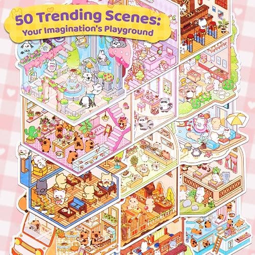 QEF 50 Sets 3D Sticker Scene, 100 Pcs Cute Kawaii Stickers, DIY Scene Sticker Book for Kids and Adults, Make Your Own House Room, Creative Stress Relief Activity Gift thumbnail 5