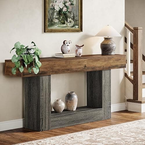Tribesigns 63" Console Table, 2-Tier Entryway Table with U-Shaped Base | Narrow Long Sofa Table Behind Couch Table for Living Room, Hallway, Vintage Brown & Gray thumbnail 6