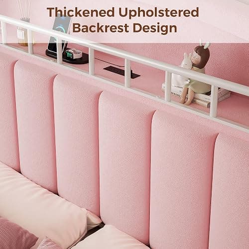 Full LED Bed Frame with Storage Headboard & 2 Storage Drawers, Princess Velvet Upholstered Bed with Vertical Tufted Headboard Design for Girls, USB & Type-C Charging Ports, Wooden Slats Support, Pink thumbnail 7