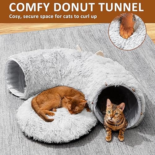 ZVBEK Cat Tunnel with Cat Bed for Indoor Cats, Under Christmas Tree Soft Plush Peekaboo Cat Cave Donut Tunnel, Multifunctional Cat Playground Toys Hideplace for Cats, Kittens, Rabbit, Ferret (Grey) thumbnail 4